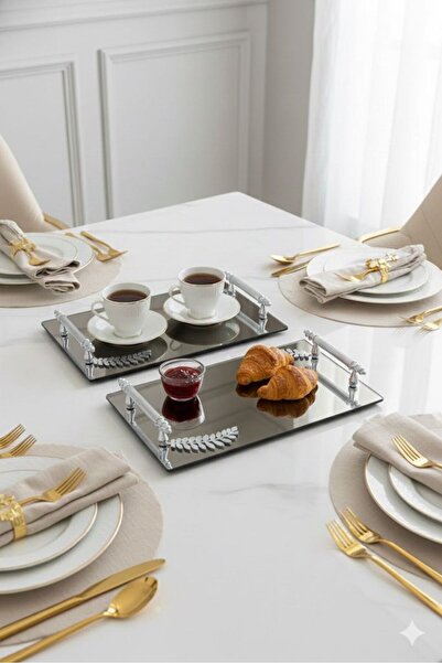 Mirsa Global صينية تقديم مزخرفة بنمط أوراق الشجر مع مرآة، صينية شاي، صينية شاي فاخرة