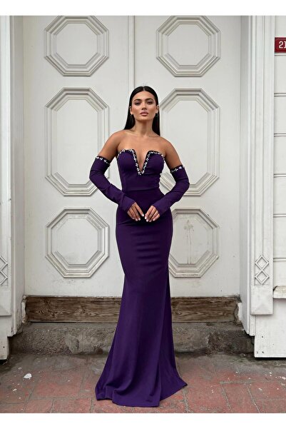 Modafeminen Pește croială , model cu mânecă lungă. Rochie de seară cu decolteu în V și broderie de cristal strălucitoare pe umeri 583331 PURPLE