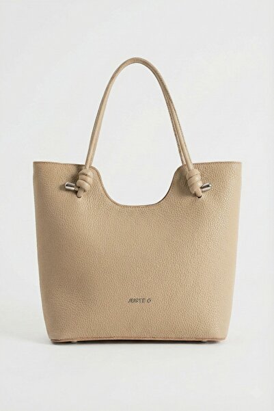 Just Polo Elite Ecru Mink Knot Detailed Large Internal Volume D Leather-Look Women's Hand and Shoulder Bag Pbu2207