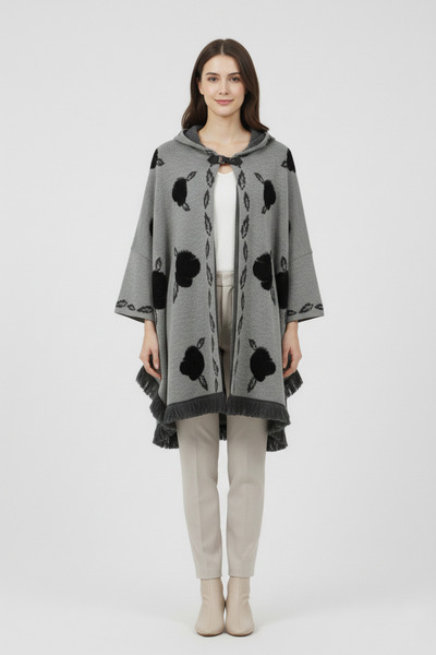 Uludağ Triko Gray Black Embossed Rose Patterned Hooded Women's Poncho