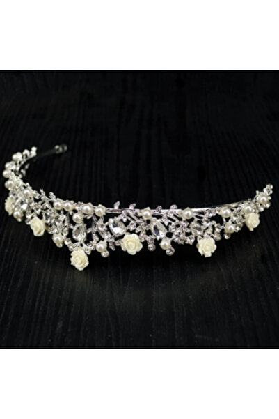 CRM Bridal Diadem with Pearls, Crystals and Roses - Silver