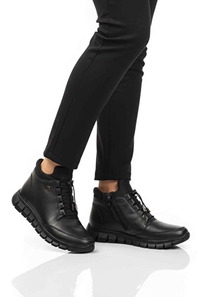 AYAKMOD حذاء نسائي أسود من الجلد الطبيعي مع بطانة من الصوف وسحاب غير قابل للا...