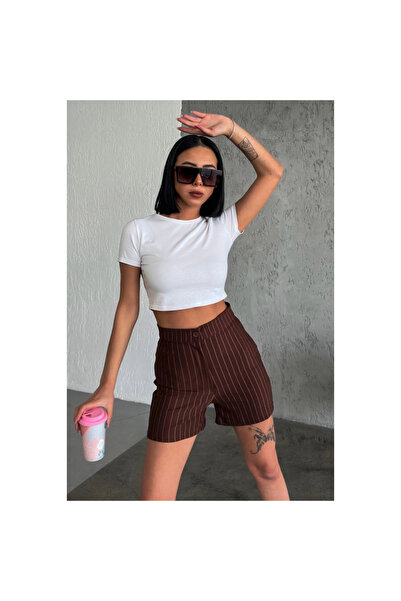 byhodi High Waist Crepe Stretchy Grass Striped Shorts Brown Offering Elegance and Elegance Together