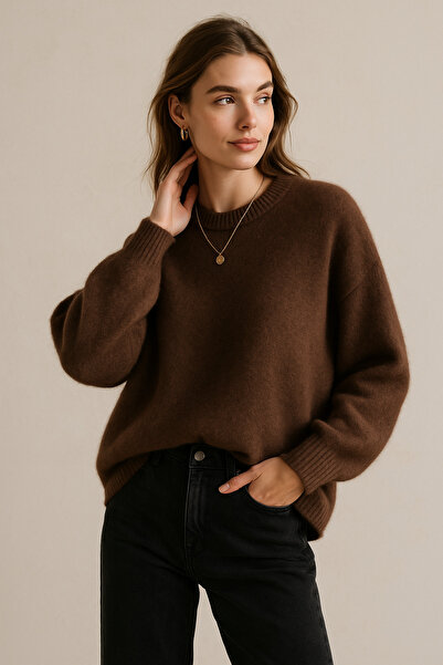 Rich Women's Brown Soft Textured Basic Long Sleeve Knit Sweater