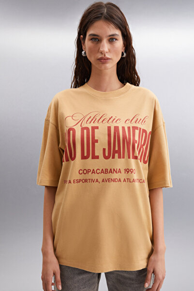 ETHIQUET Malika Women's 100% Organic Cotton City Theme Printed Oversized Crew Neck Beige T-Shirt