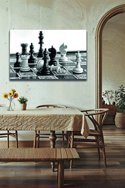 DecorAnatolia Siyah Beyaz Satranç Taşları Cam Tablo