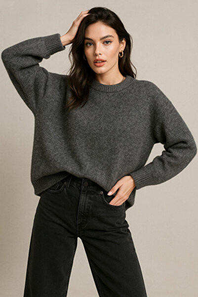 Rich Women's Anthracite Soft Textured Basic Long Sleeve Knit Sweater