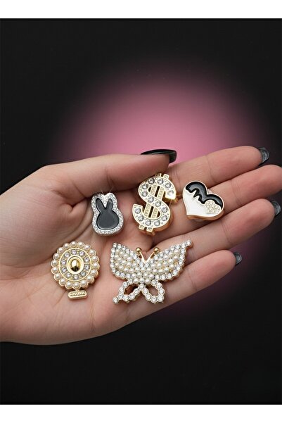 SOFT Lüks Taşlı Terlik Süsü 5'lı Set Dolar Tavşan Kelebek İncili Charm Gold J...