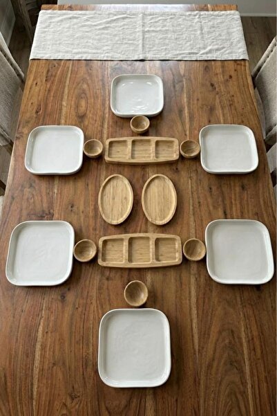 Atbyhome Simple 6 Kişilik 16 Parça Doğal Bambu - Seramik Kahvaltı Takımı – Ka...
