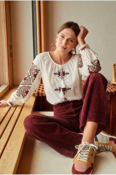 FEMELLE Women's White Collar Tassel Lace Detailed Embroidered Cotton Blouse