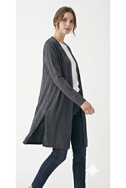 Look Forward Women's Anthracite Long Slit Basic Cardigan