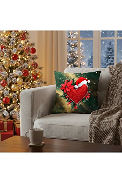 MİNOZA Husă decorativă pentru pernă cu inimă roșie și pălărie de Crăciun impr...
