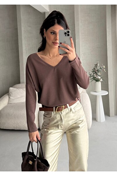 BEJNA Women's V-Neck Backless Soft Modal Textured Flowy Blouse