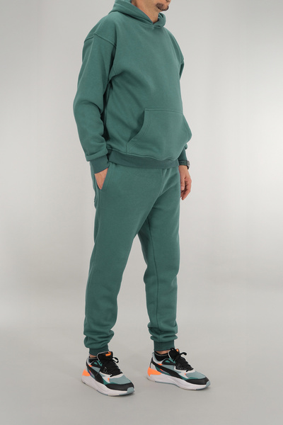 Souris Men's Petrol Green Tracksuit Set Relaxed Fit 3 Thread Fleece-Lined Hooded Drawstring Ribbed Waist