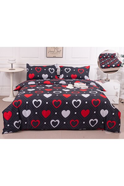 trendyhome Double Bed Satin Cotton Fitted Sheet Set – Elegant Hearts, Black/White/Red, 4 Pieces, 180×200