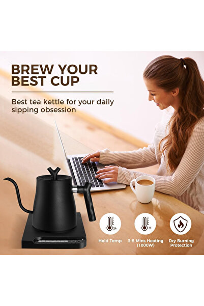 Primo Plus Electric kettle with a curved spout for pouring coffee and tea, made of stainless steel, with automatic shut-off and constant temperature control.