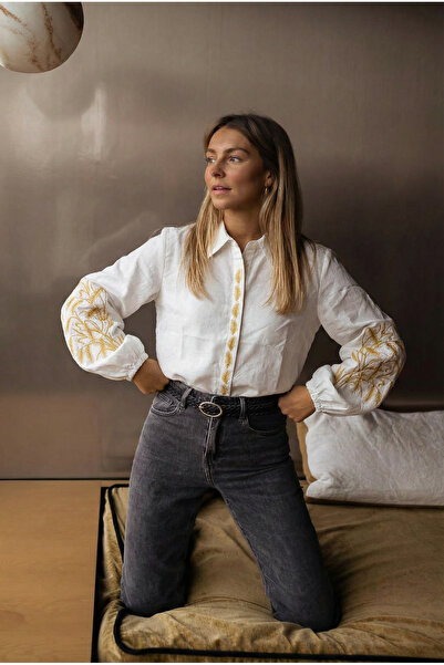 FEMELLE Women's White Elasticated Cuffs Hidden Button Balloon Sleeve Embroidered Cotton Shirt