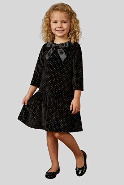 ww waka waka kids store Girl's Black Velvet Dress with Red Bow Stone Printed New Year's and Party Outfit