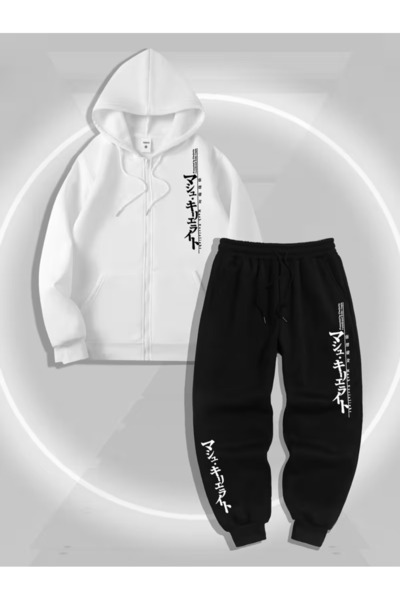 ANUSHKA Unisex Japanese Printed 3 Thread Ş Fleece-Lined K Hooded Tracksuit Set