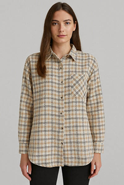 Nuevo Kadın Bej Kareli Oduncu Gömlek – Yumuşak Dokulu Oversize Uzun Kollu -