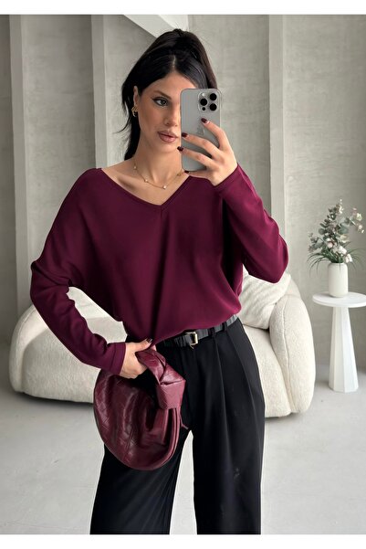 BEJNA Women's V-Neck Backless Soft Modal Textured Flowy Blouse