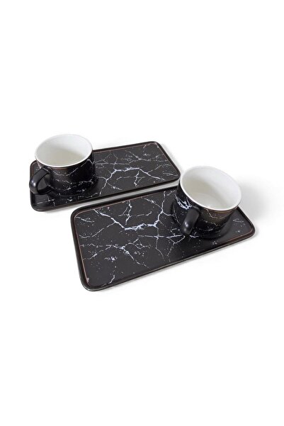 OEM Set of 2 Rectangular Mugs with Saucers – Black Marble Pattern, Modern Design