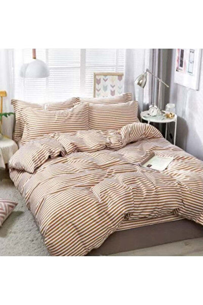 trendyhome Satin Cotton Bed Linen 4 Pieces – Striped Pattern, Beige/Cream