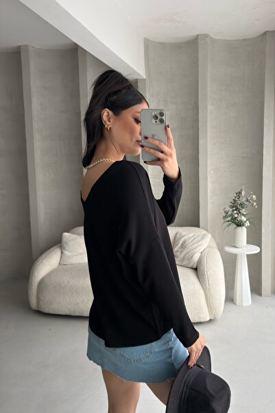 BEJNA Women's V-Neck Backless Soft Modal Textured Flowy Blouse