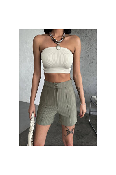 byhodi High Waist Crepe Stretchy Striped Shorts Khaki That Offers Elegance and Elegance Together