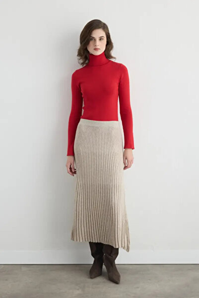 Gusto Wool Pleated Knit Skirt - Beige