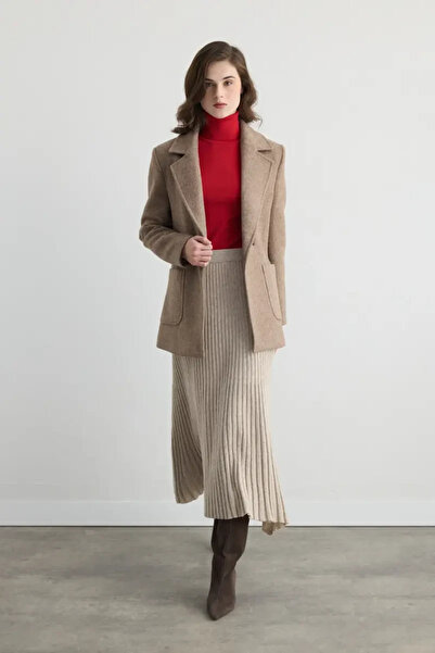 Gusto Wool Pleated Knit Skirt - Beige