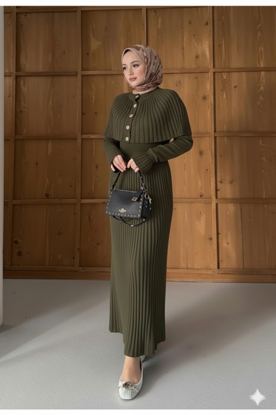 ribana Women's Cape and Button Detailed Elastic Waist Tight Knit Pleated Hijab Long Knitwear Dress