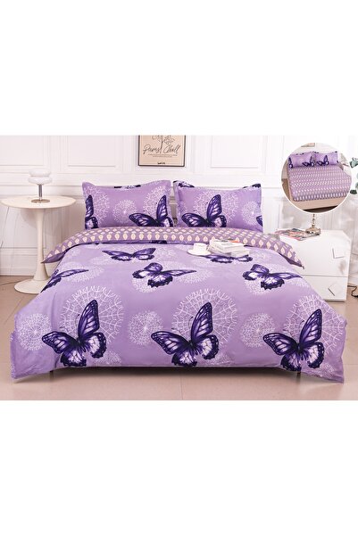 trendyhome Double Satin Cotton Fitted Sheet Set – Butterflies, Lavender & Pearl White, 4 pcs, 180×200