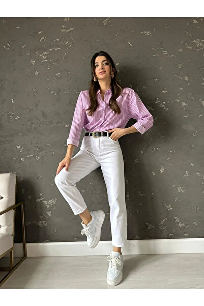 kleshus Chn White Mom Stretch Fabric Relaxed Fit Mom Jean Denim Trousers-3