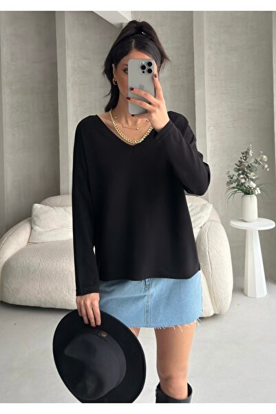 BEJNA Women's V-Neck Backless Soft Modal Textured Flowy Blouse