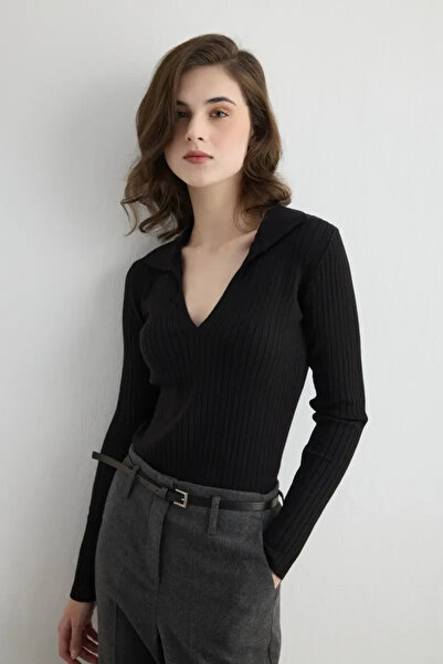 Gusto Polo Neck Ribbed Knit Blouse - Black