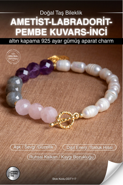 OSMANLI DEĞERLİ TAŞ Sertifikalı AMETİST-LABRADORİT-PEMBE KUVARS-İNCİ Doğal Ta...