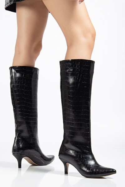 Zerenyus Zeri̇n-2025 Black Crocodile Premium Thin Heeled Daily Women's Boots