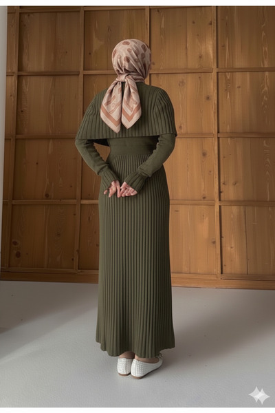 ribana Women's Cape and Button Detailed Elastic Waist Tight Knit Pleated Hijab Long Knitwear Dress