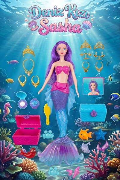 craftivio Sasha Deniz Kızı Oyuncak Bebek - Aksesuarlı, Taraklı, Hazine Sandık...
