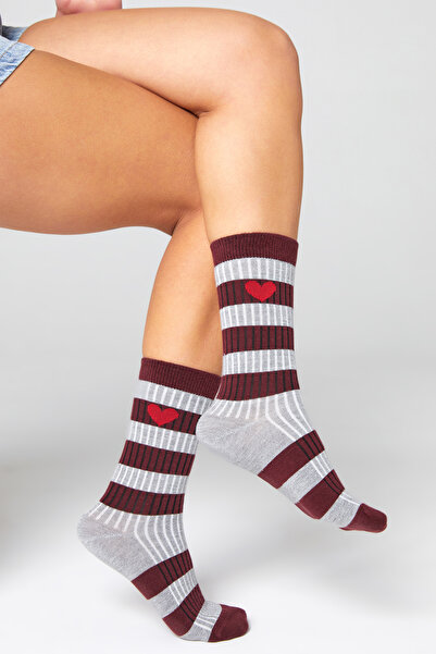bamboo star Women's Burgundy-Grey Socket Stitch-Free Heart Patterned Socks Non-Squeezing Socks / Does Not Leave Marks