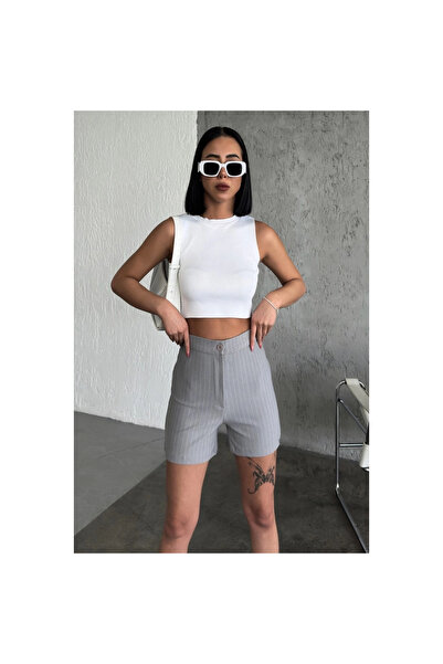 byhodi High Waist Crepe Stretchy Grass Stripe Shorts Gray, Offering Elegance and Elegance Together