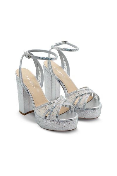 Vario Stone Detailed Platform Heeled Ankle Strap Shoes Z556 Silver Satin White + Crystal