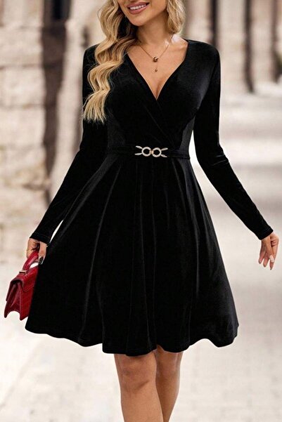 Mossta διπλό πέτο Βελούδινο φόρεμα με λεπτομέρεια με κούμπωμα στο λαιμό - Μαύρο