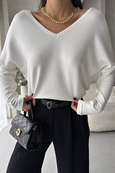 BEJNA Women's V-Neck Backless Soft Modal Textured Flowy Blouse