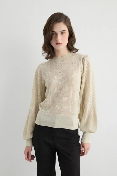 Gusto Lace-Like Knit Balloon Sleeve Knit Blouse - Beige