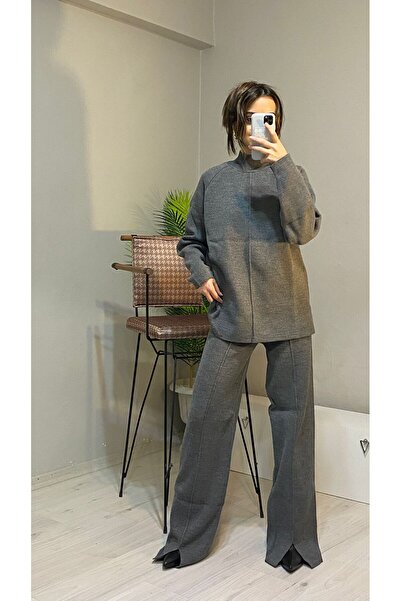 Butik Kadın gri yarım balıkçı yaka kazak pantolon alt üst ikili triko takım