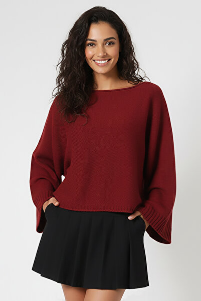 Devinka Women's Burgundy Batwing Sleeve Soft Texture Boat Neck Knitwear Sweater