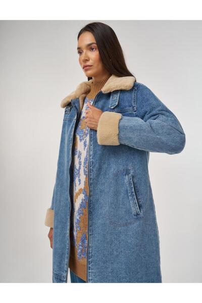 Kayra Fur Collar Denim Coat Blue 27355