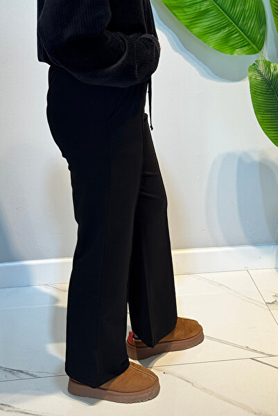 Lale Butik Nervür Stitched Waist Elasticated Lace-Up Trousers 1887 Black